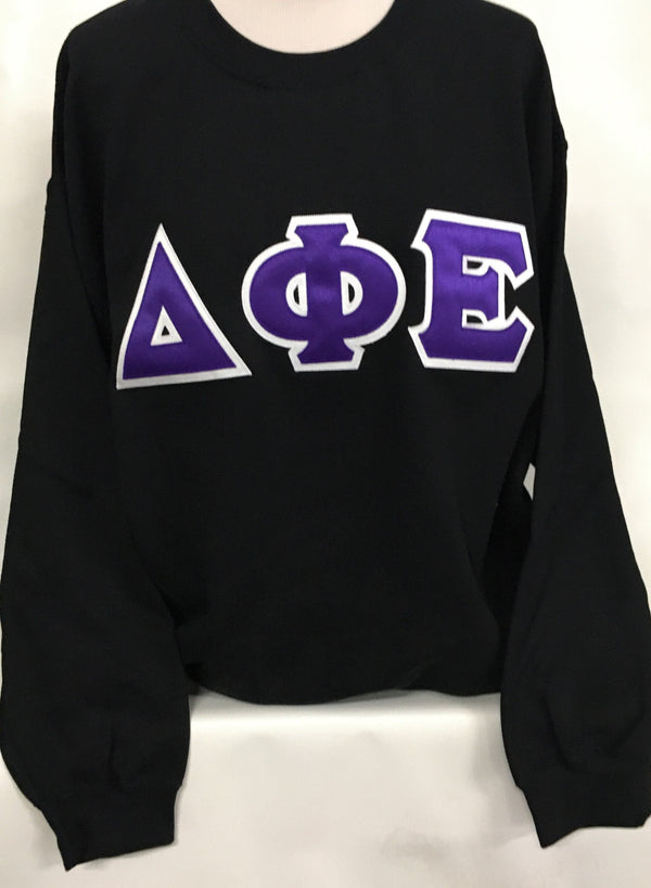 Black Sweatshirt with Purple and White Sewn on Letters