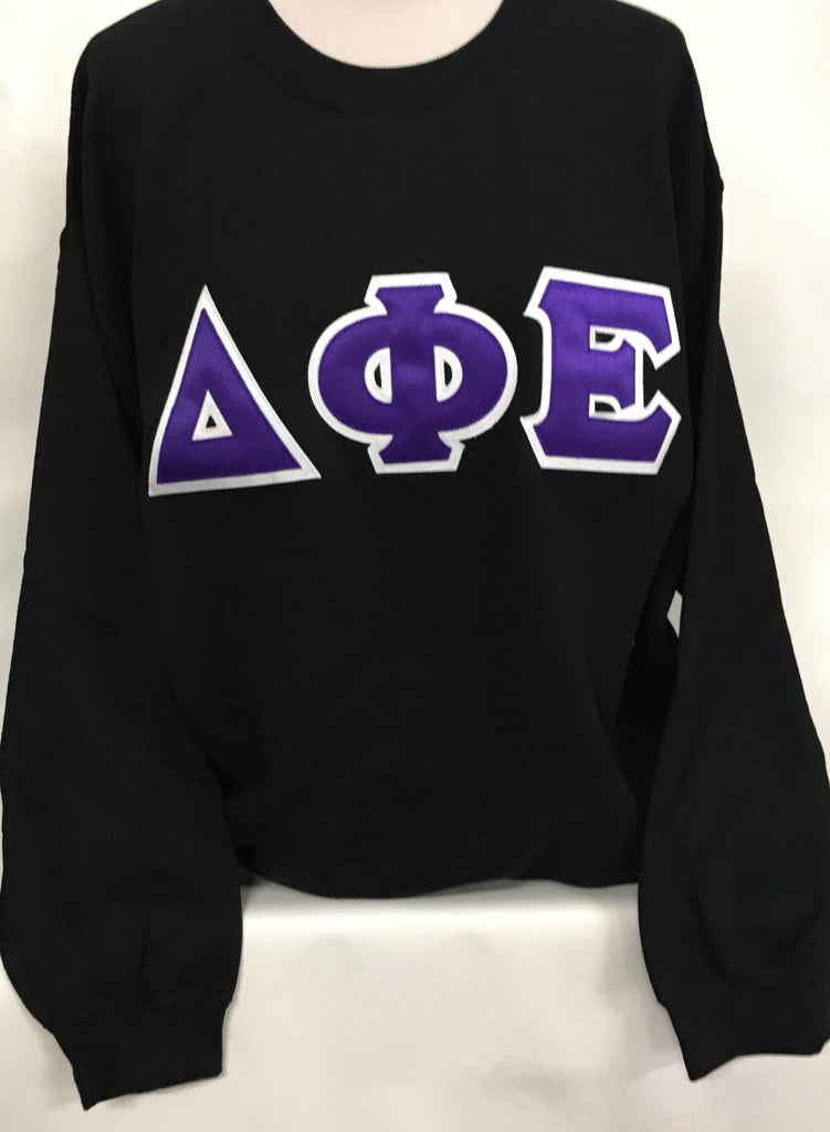Black Sweatshirt with Purple and White Sewn on Letters